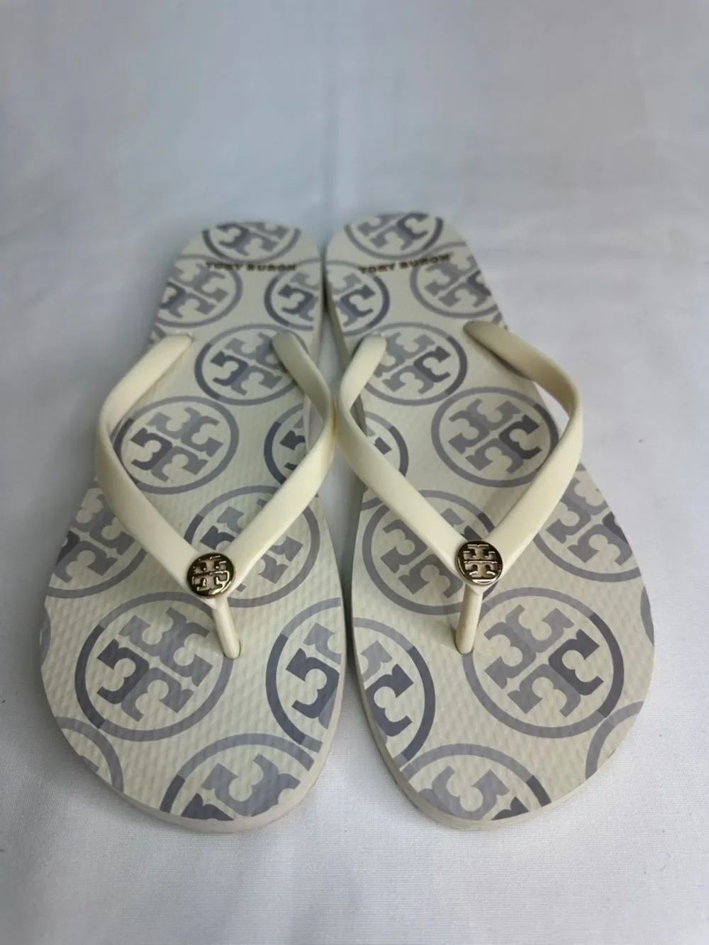 Tory Burch Cream Flip Flop Sandals with Gray Logo Footbed
